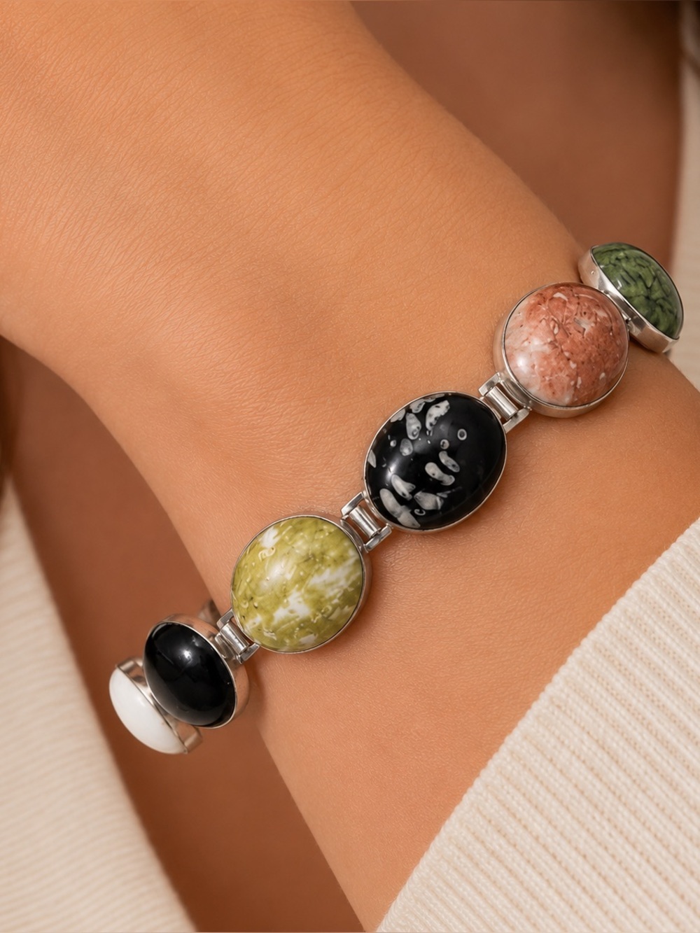 F Joyce Sterling Silver Connemara Marble Cabochon Link Bracelet